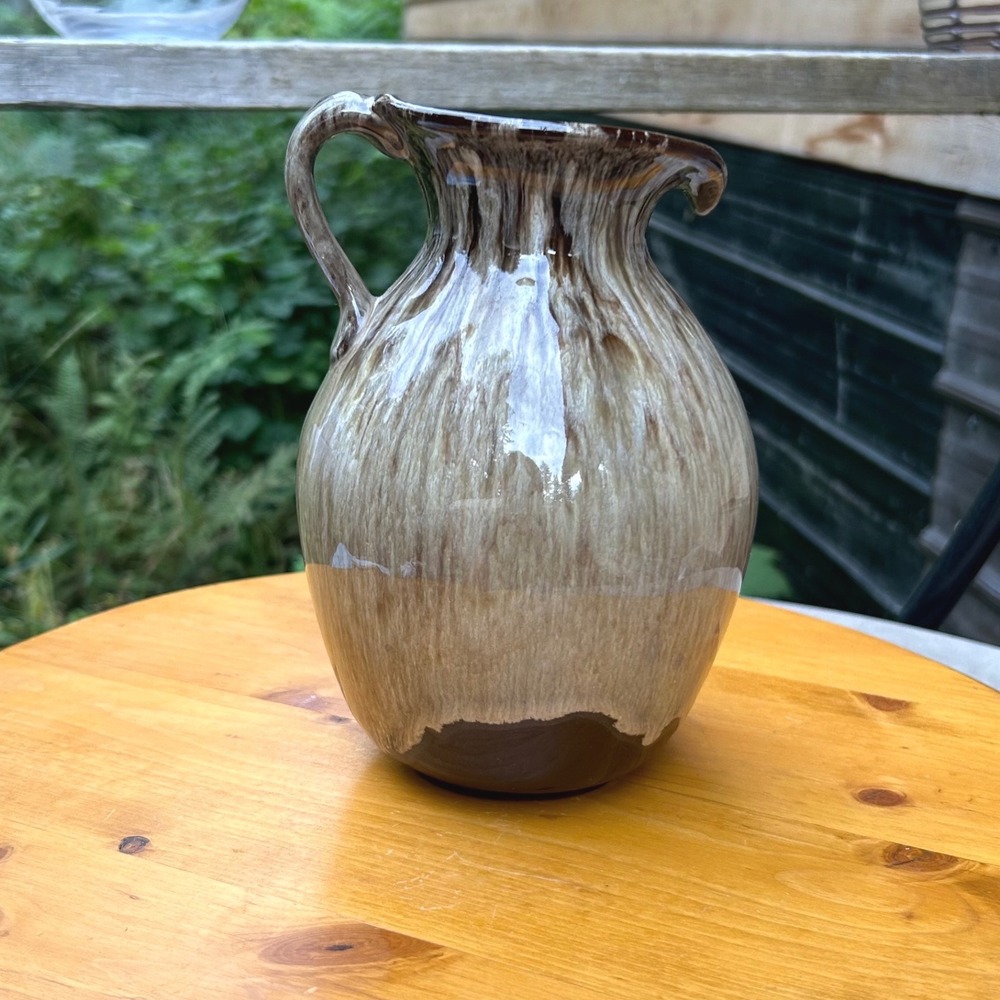 Vintage Drip Glaze Pitcher Brown Cream Mid Century Pottery Retro MCM